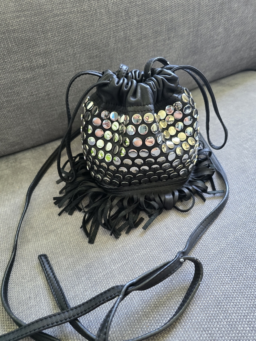 Sonia Rykiel Studded Fringe Mini Bucket Bag – Black Leather